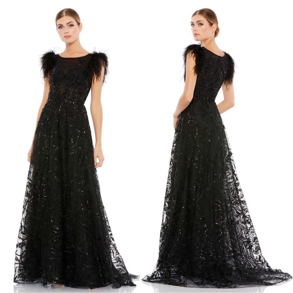 Mac Duggal 20296 Embellished Feather Cap Sleeve Bateau A-Line Gown NWT